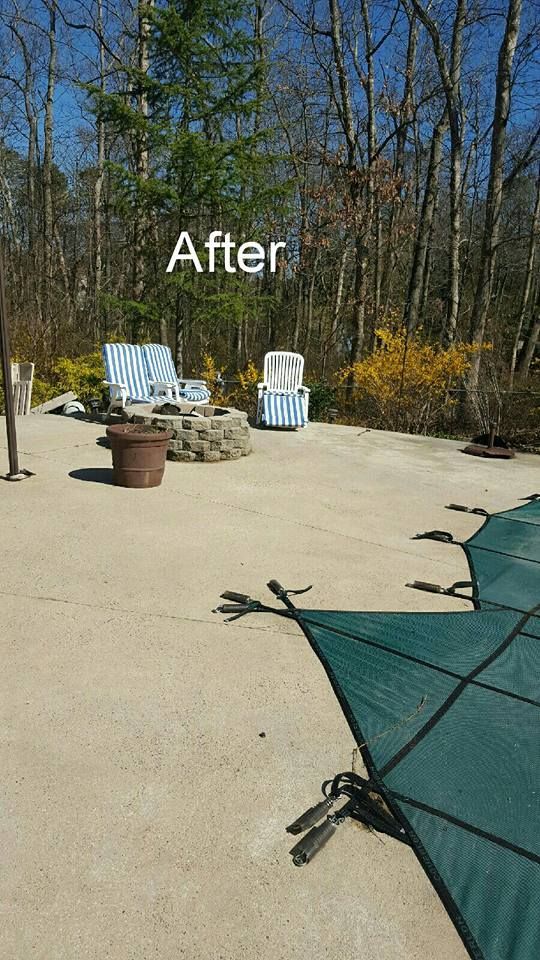 A picture of a patio before and after being cleaned.