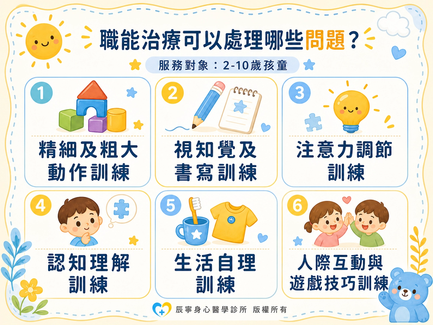 職能治療|可處理的問題|台北北投石牌明德身心科|辰寧身心醫學診所帶你一次了解