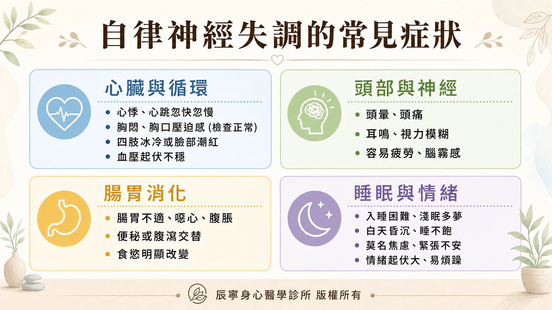 自徑神經失調|症狀|心悸|胸悶|頭痛耳鳴腦霧|腸胃不舒服|睡眠|情緒|焦慮煩躁|台北北投石牌明德身心科|辰寧身心醫學診所帶你一次了解