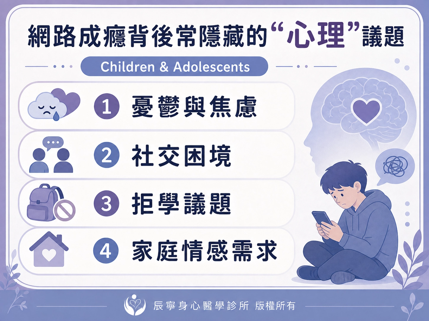 網路成癮｜3C成癮｜手機成癮｜心理議題問題｜身心問題｜兒童青少年｜憂鬱與焦慮｜交友家庭困境｜拒學｜台北北投石牌身心科｜辰寧身心醫學診所帶你一次了解