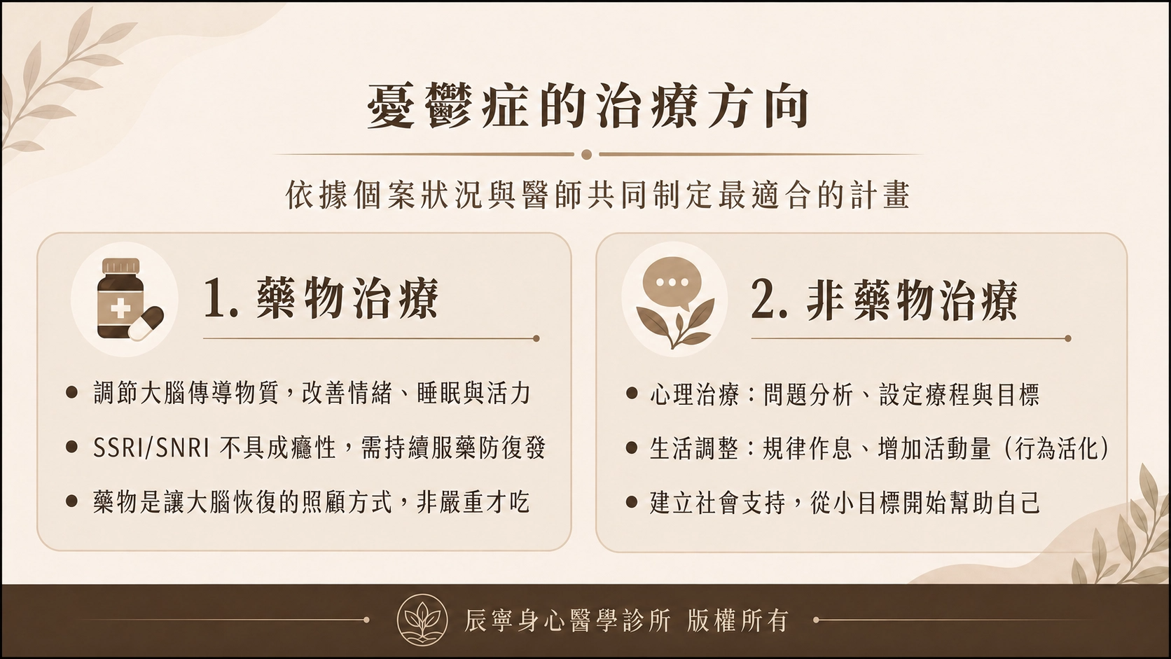 憂鬱症｜治療｜藥物治療｜非藥物治療｜心理諮商｜心理治療｜台北北投石牌明德身心科｜辰寧身心醫學診所帶你一次了解