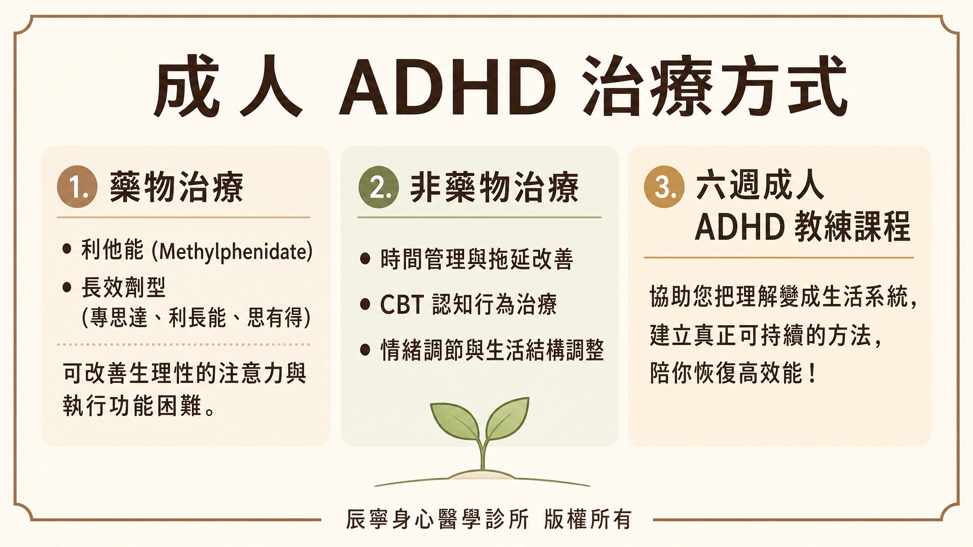 ADHD 確診後的治療方向 | 藥物治療 | 利他能 | 專思達 | 非藥物治療 | 心理諮商| 過動／衝動症狀 | 台北北投石牌身心科 | 辰寧身心醫學診所帶你一次了解
