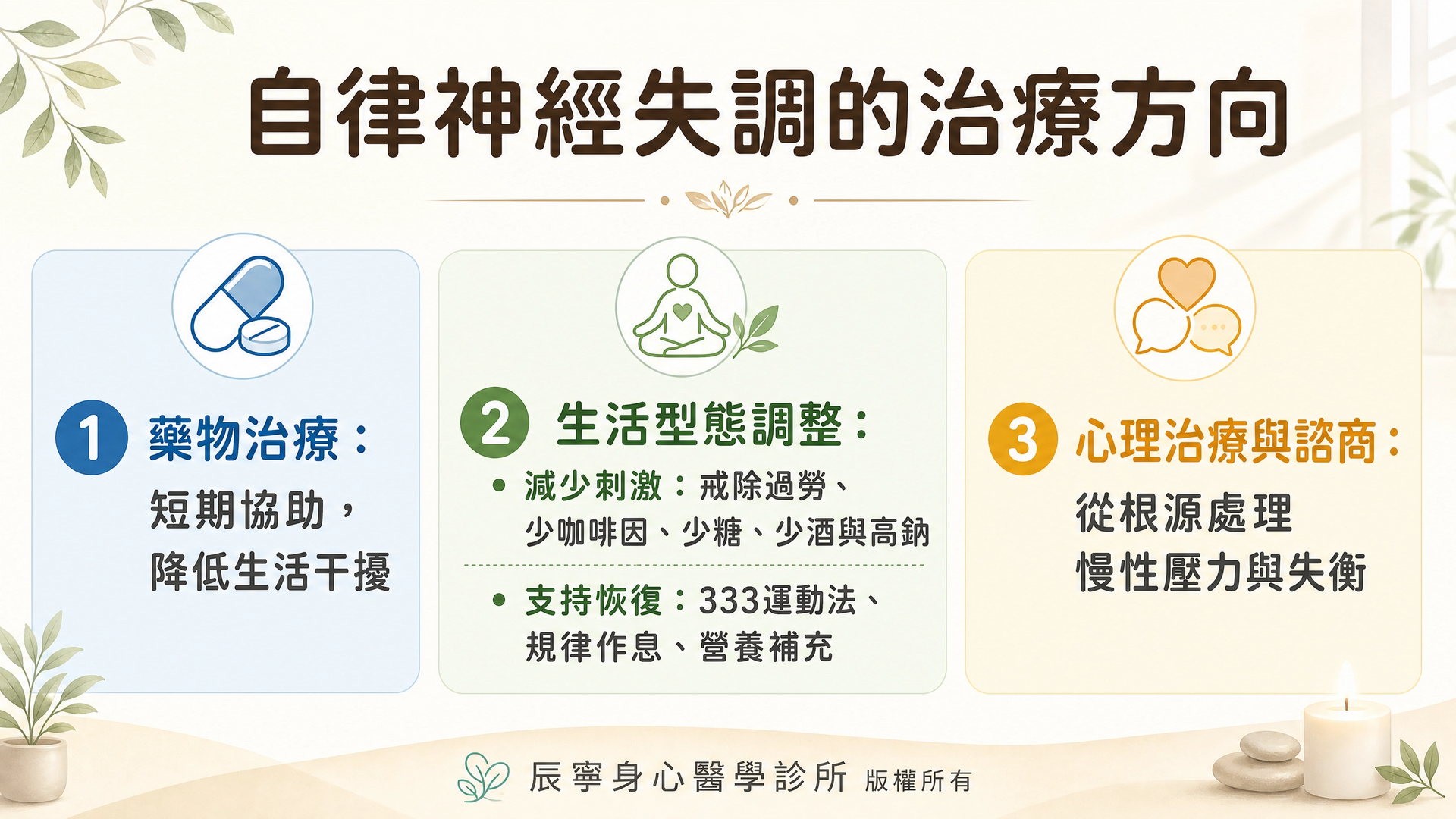 自律神經失調|治療方向|藥物治療|生活調整|心理治療與諮商|台北北投石牌明德身心科|辰寧身心醫學診所帶你一次了解