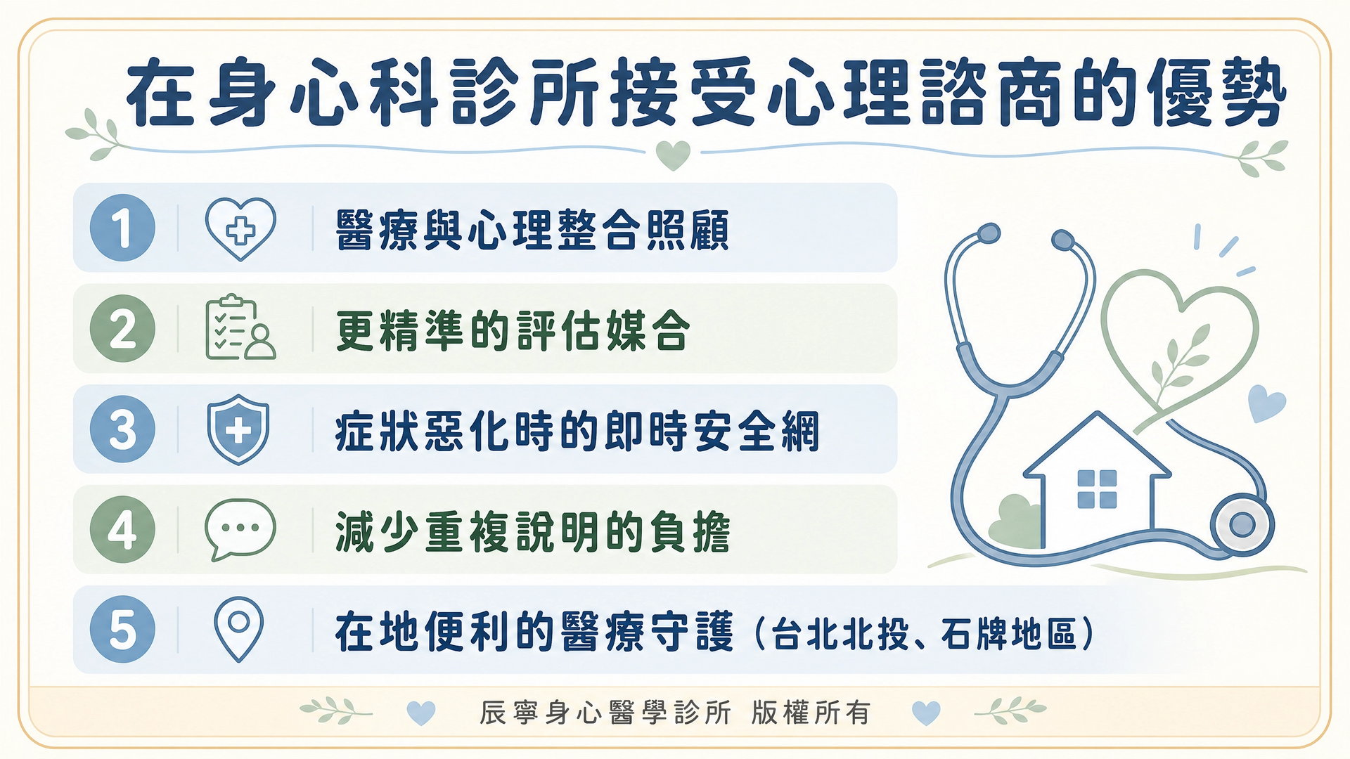 在身心科診所接受心理諮商的優勢|在身心科診所接受心理諮商的好處|醫療與心理整合照顧|評估媒合|在地醫療守護|台北北投石牌身心科 | 辰寧身心醫學診所帶你一次了解