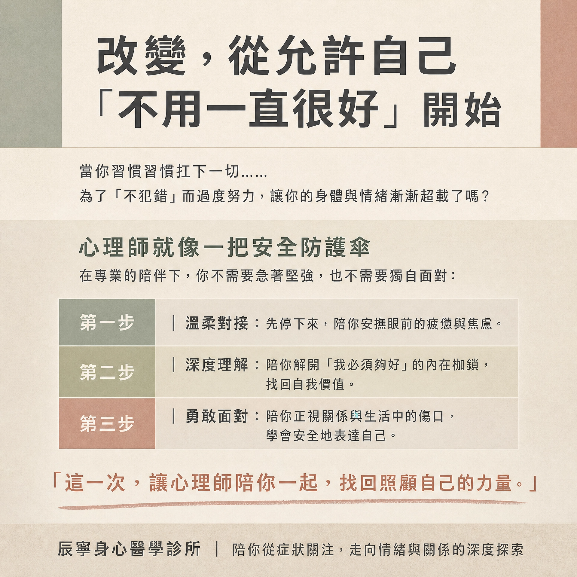 總是習慣扛下一切、害怕犯錯,甚至因過度努力而感到焦慮與身心疲憊嗎?辰寧身心醫學診所透過心理師的專業陪伴,從溫柔安撫當下情緒開始,深入理解完美主義與自我價值,陪你探索關係與生活中的傷口,學習安全表達,逐步找回照顧自己的力量。