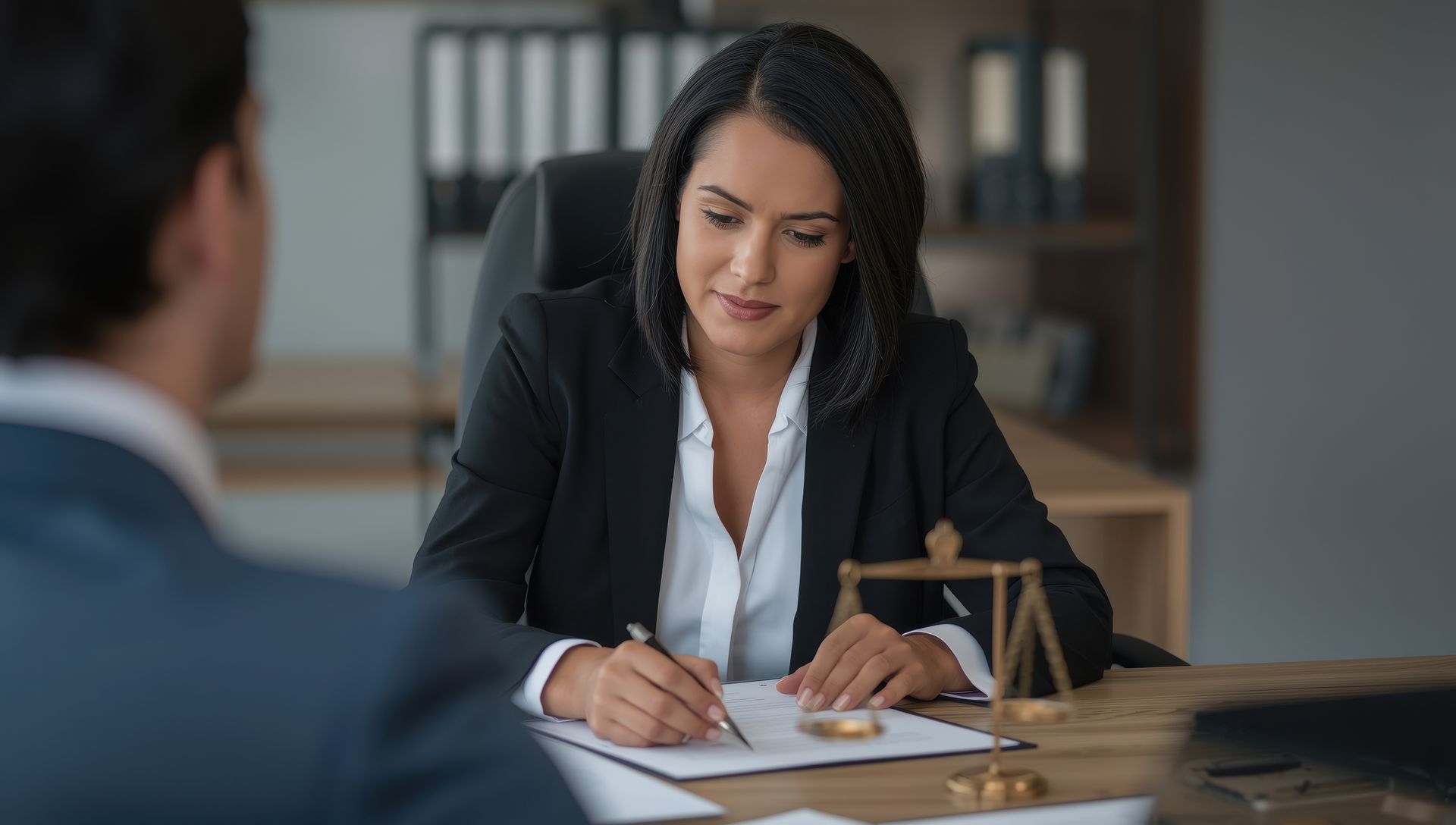 A professional female lawyer signing documents during a consultation for employment law attorneys.