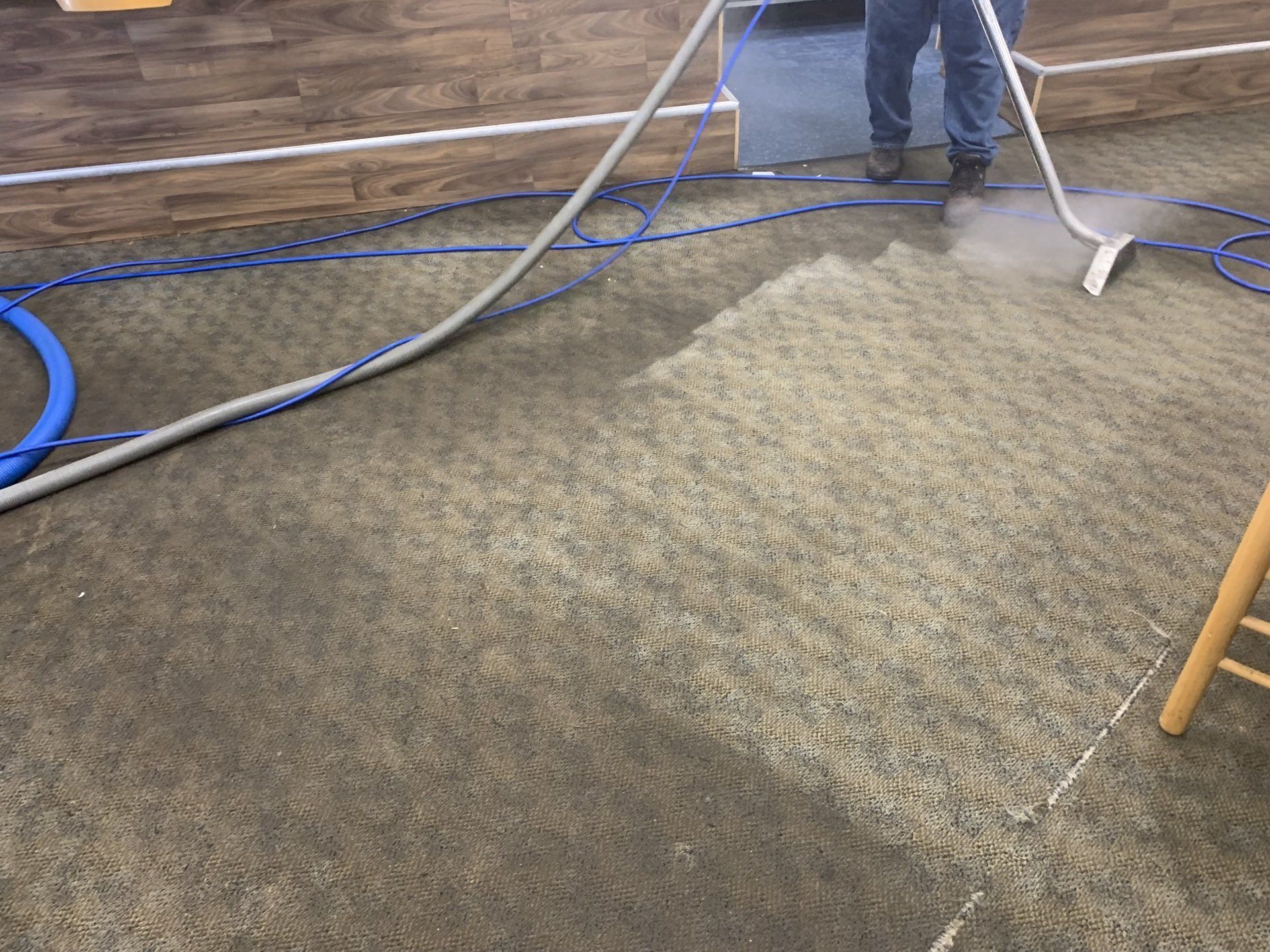 A person is cleaning a carpet with a vacuum cleaner.