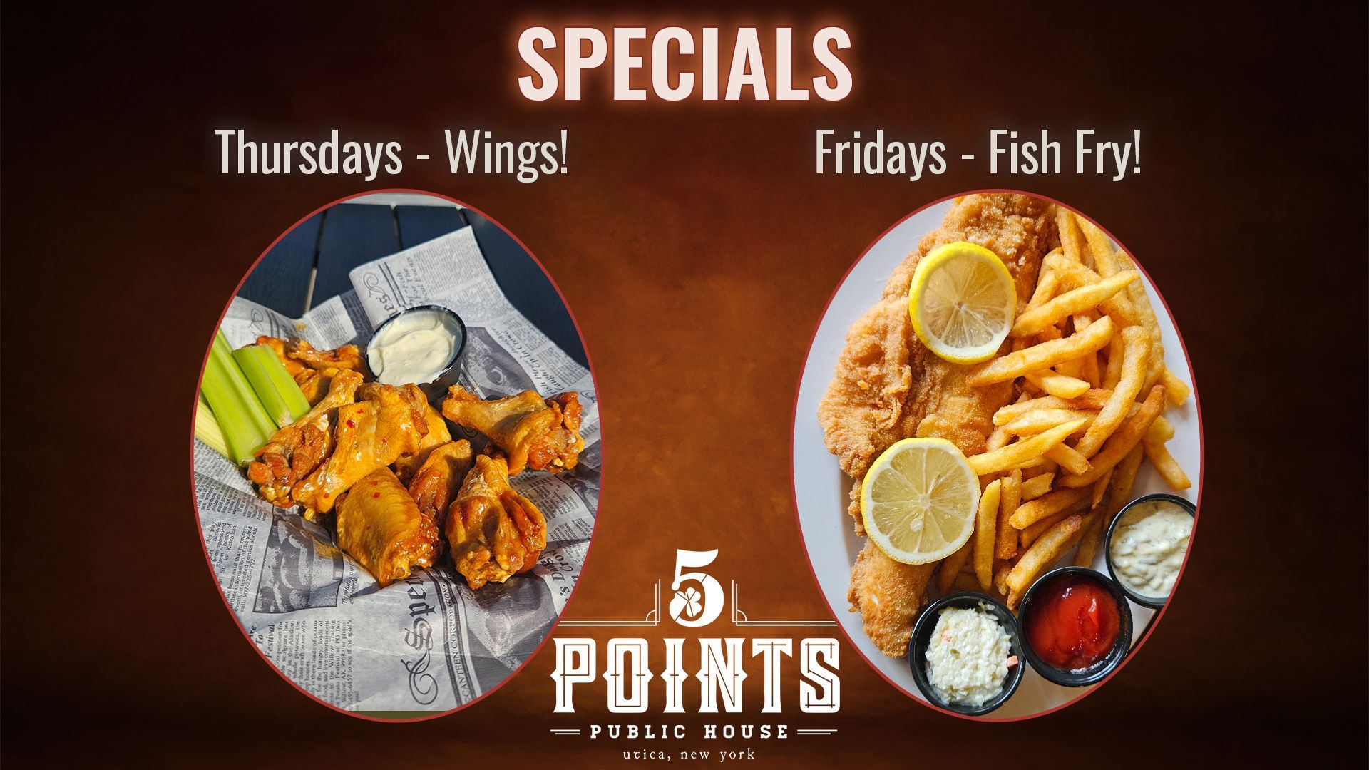These Specials are YUM basket of chicken wings with celery and bleu cheese dressing and another photo of fish fry with fries and cole slaw