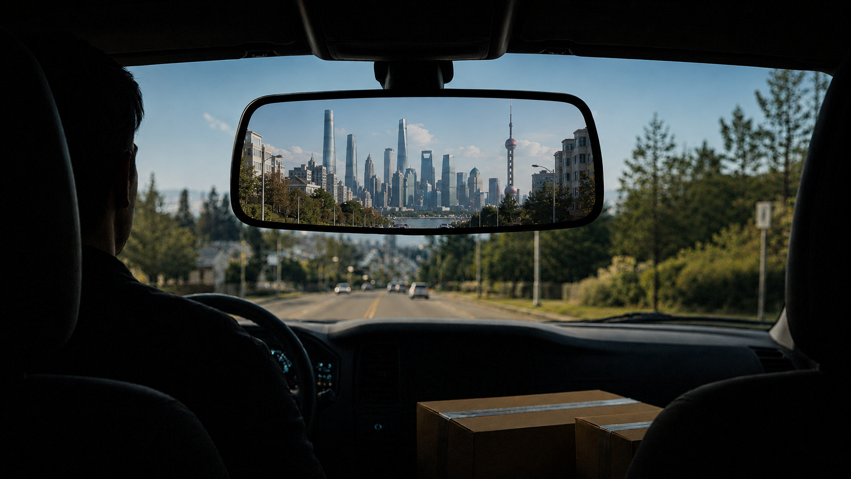 View from a car interior on a road toward a distant city skyline, with trees lining the sides.