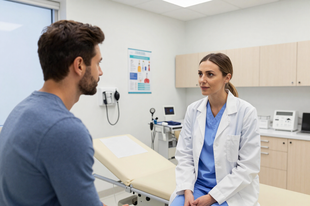 Patient speaking with a doctor in a clinic