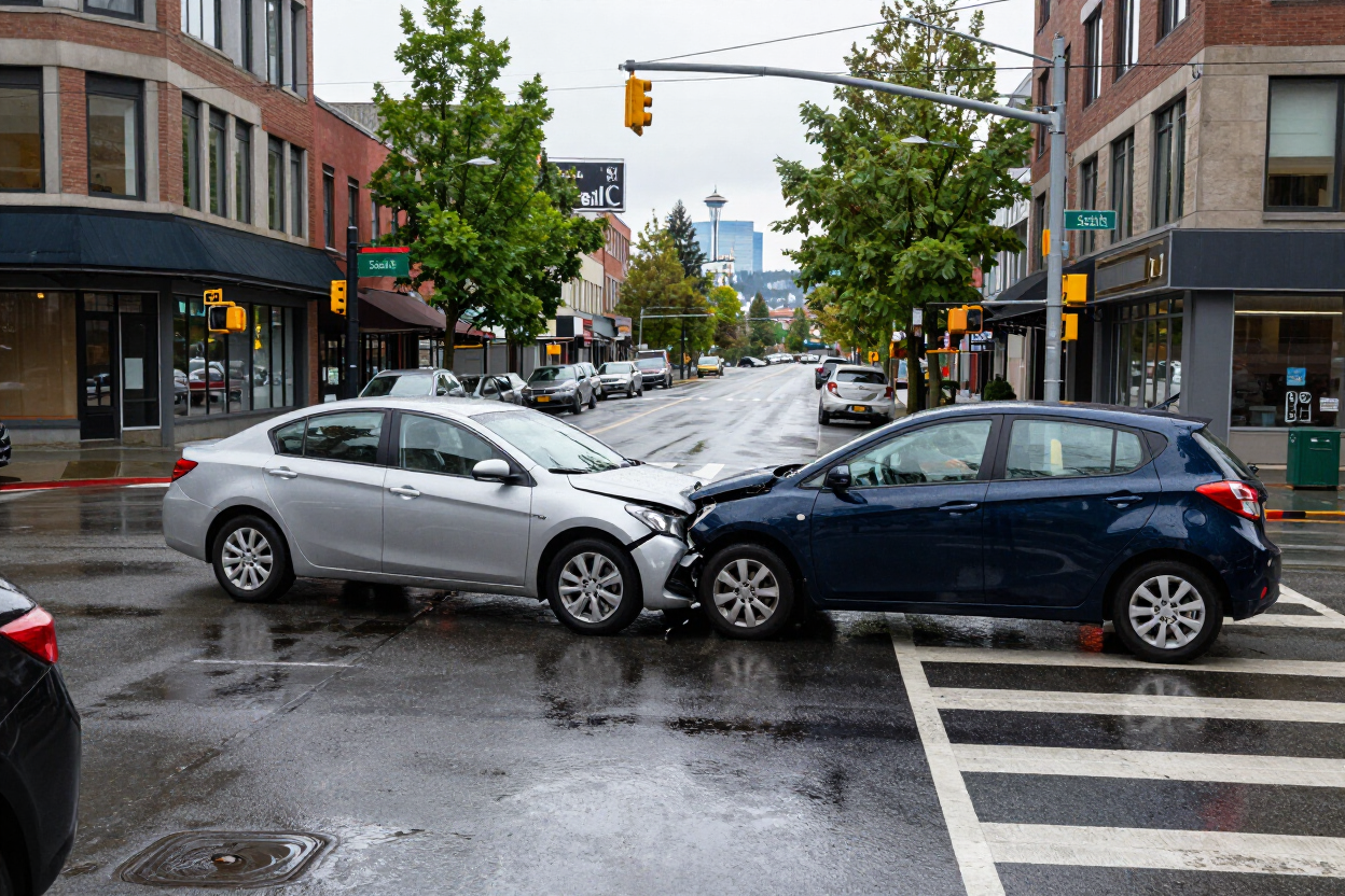 Two cars after a collision at an intersection