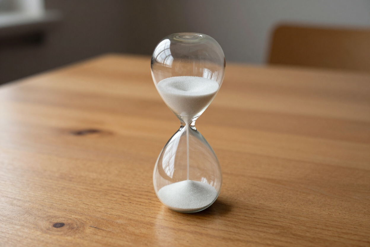 Hourglass on a wooden desk representing time