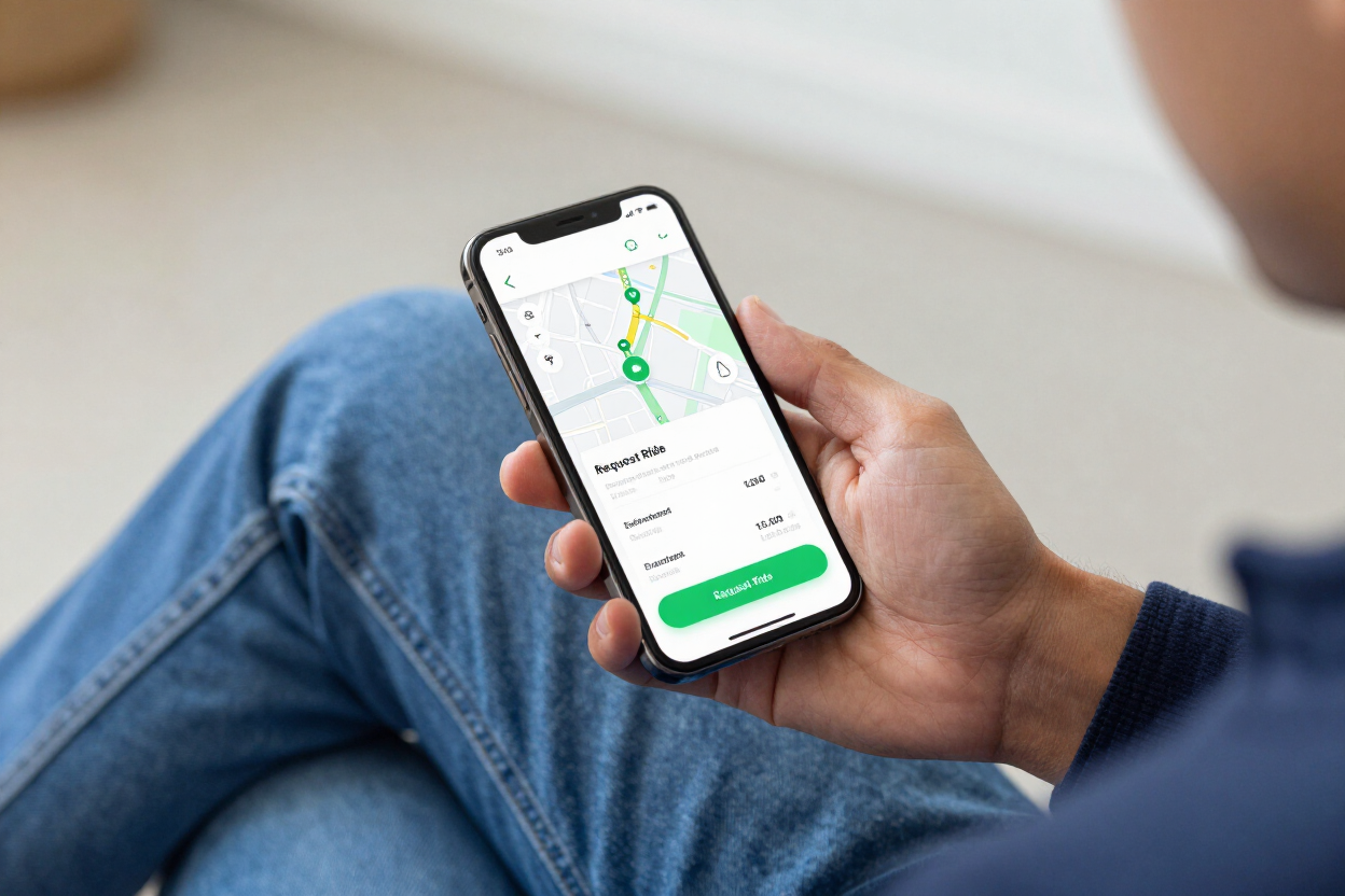 Person holding a smartphone showing a rideshare app