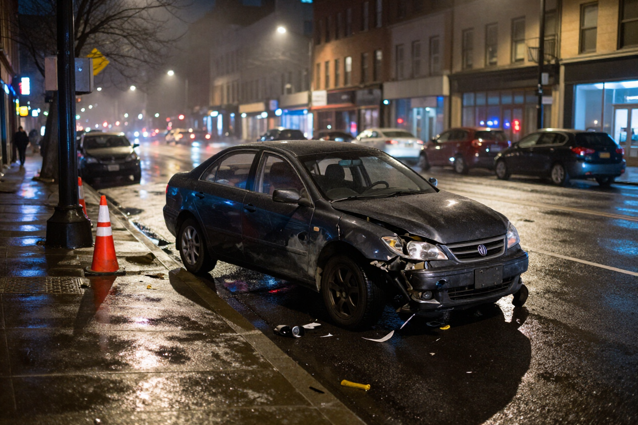 Car accident scene on an urban street at night