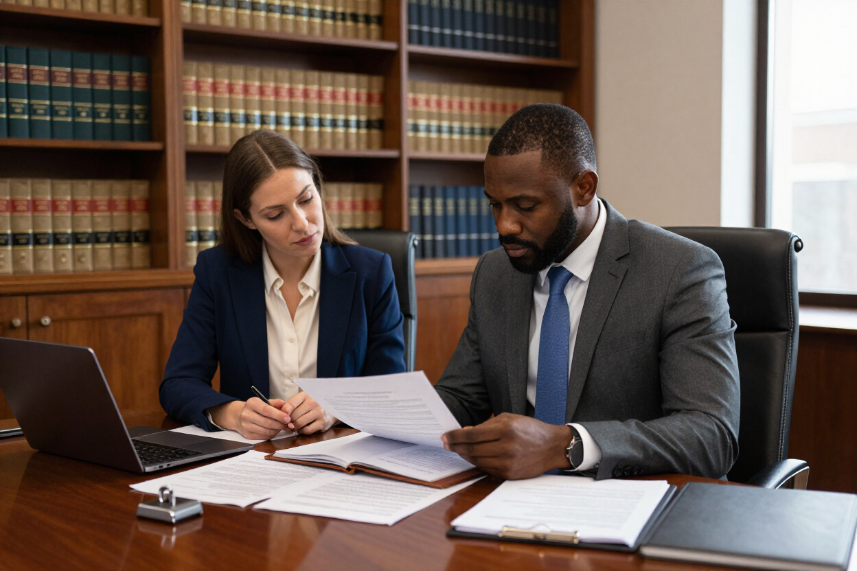 Attorney and client reviewing legal documents at an office desk