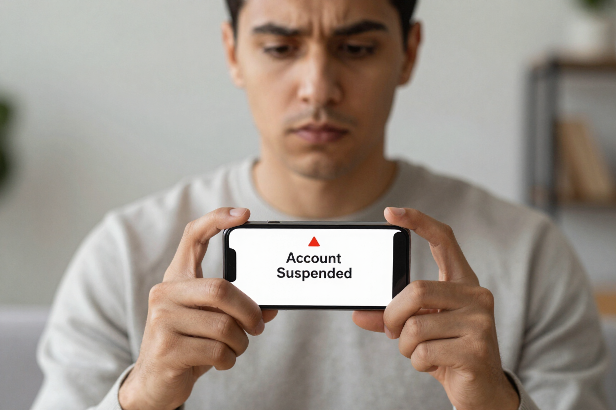 Person looking at a smartphone showing an account suspended notification