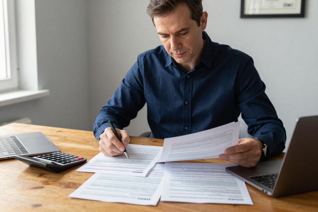Person reviewing tax documents and 1099 forms at a desk