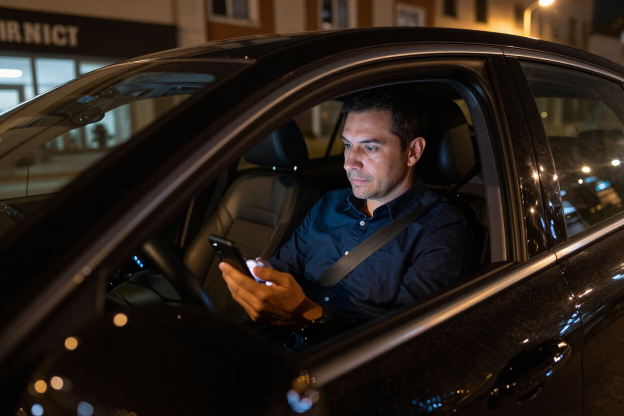 Rideshare driver waiting in parked car looking at phone at night