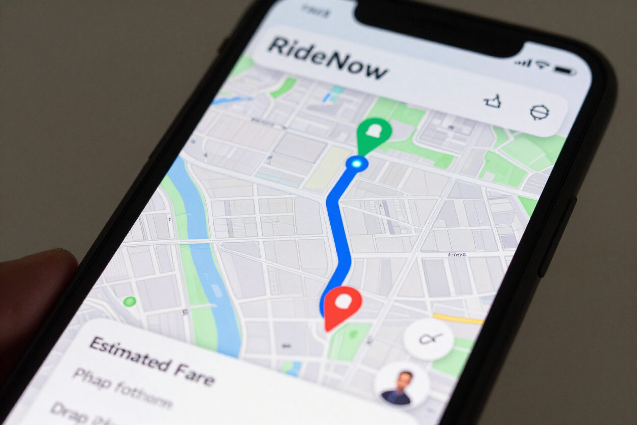 Rideshare app on a smartphone showing driver status and route map