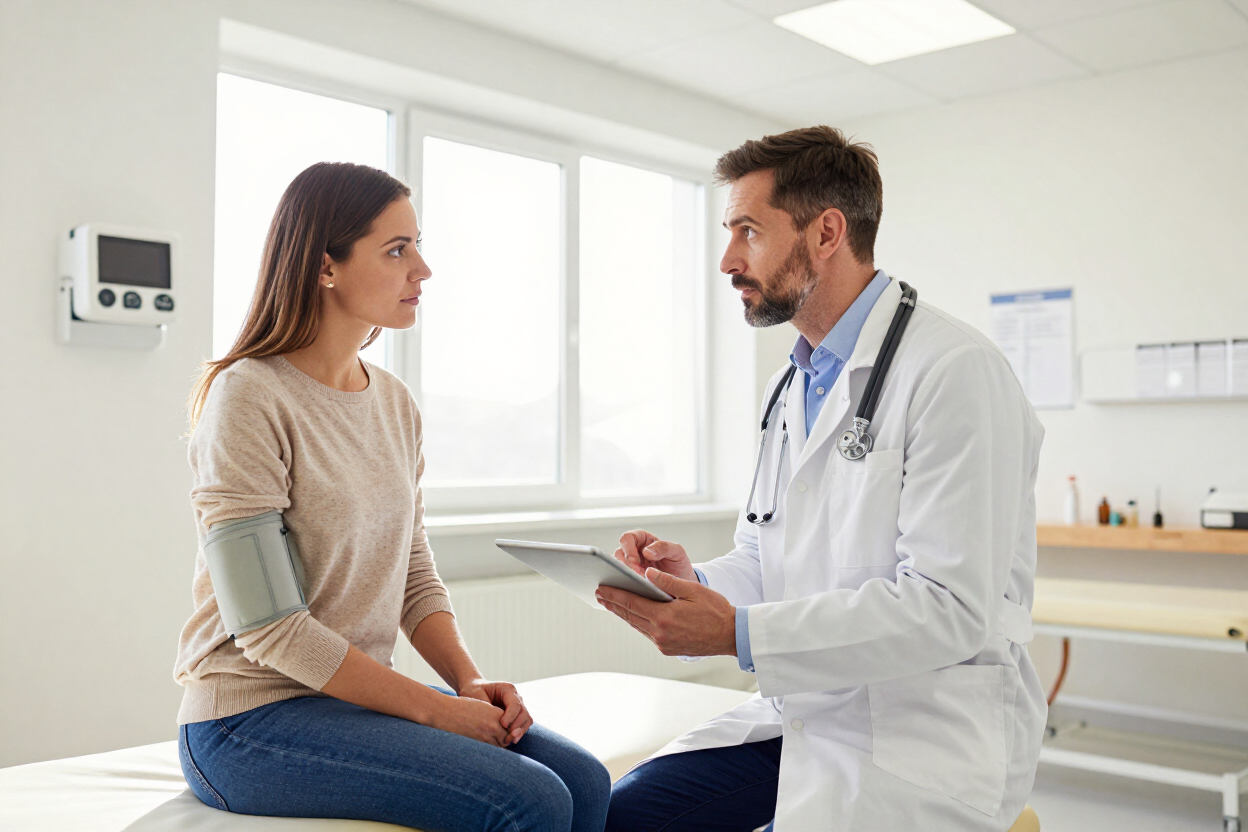 Doctor discussing treatment with a patient in a clinic