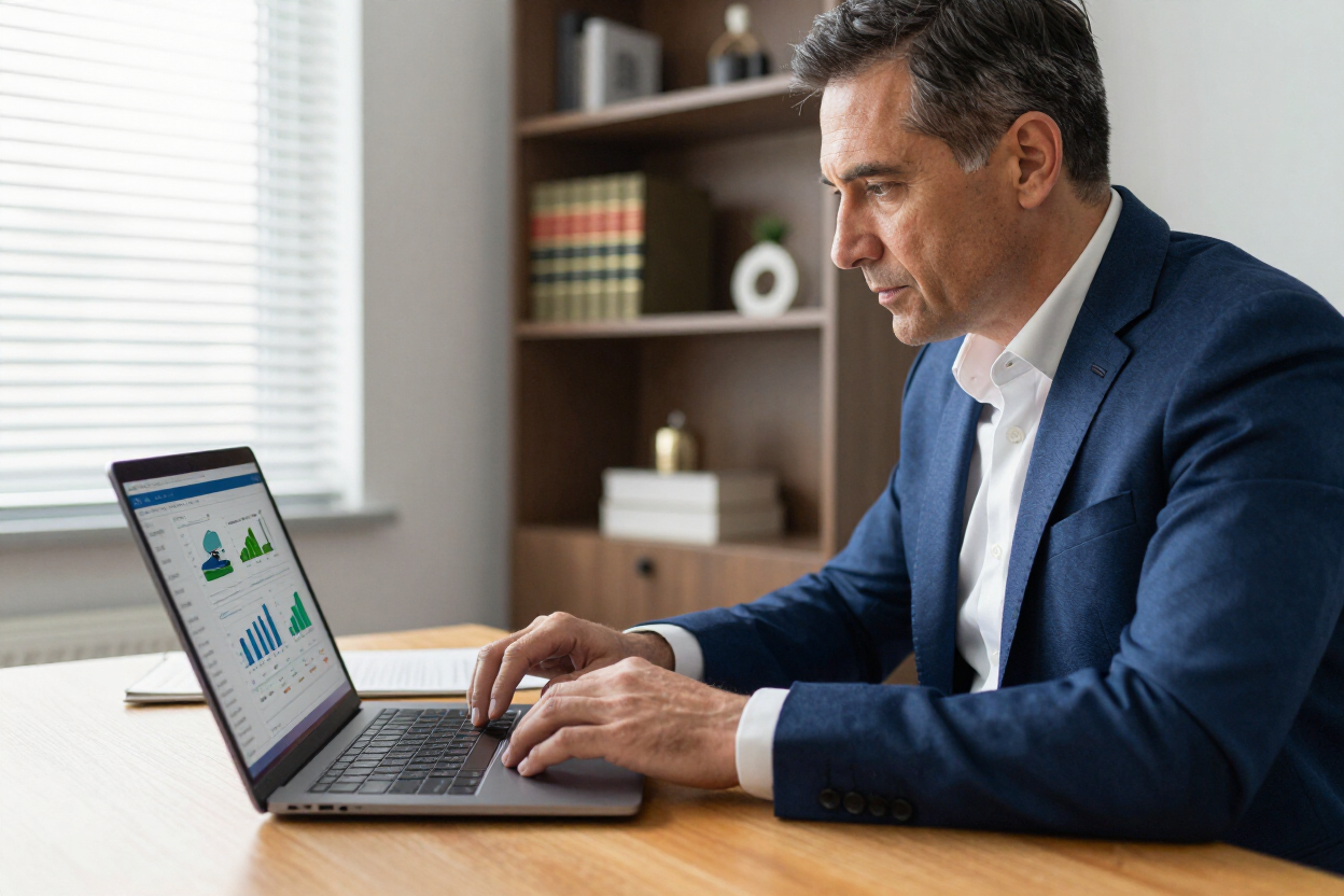 Attorney reviewing digital rideshare records on a laptop