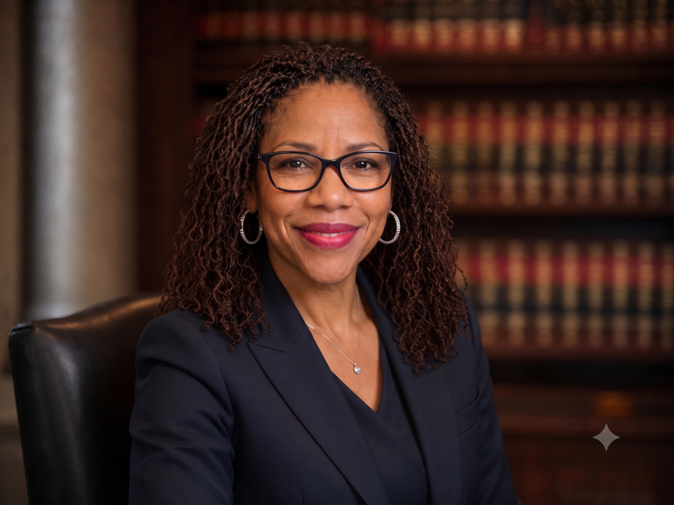 Smiling woman in glasses and a dark blazer seated in a wood-paneled office library