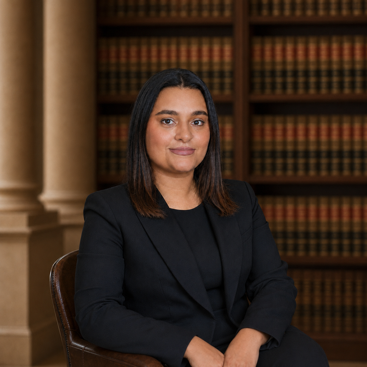 Portrait of a person seated in a library, wearing a black blazer before bookshelves.