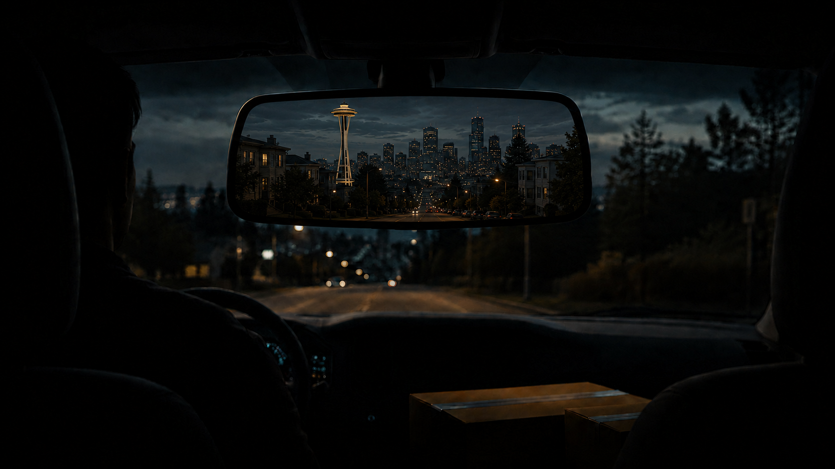 Driver silhouette with Seattle, WA in rearview