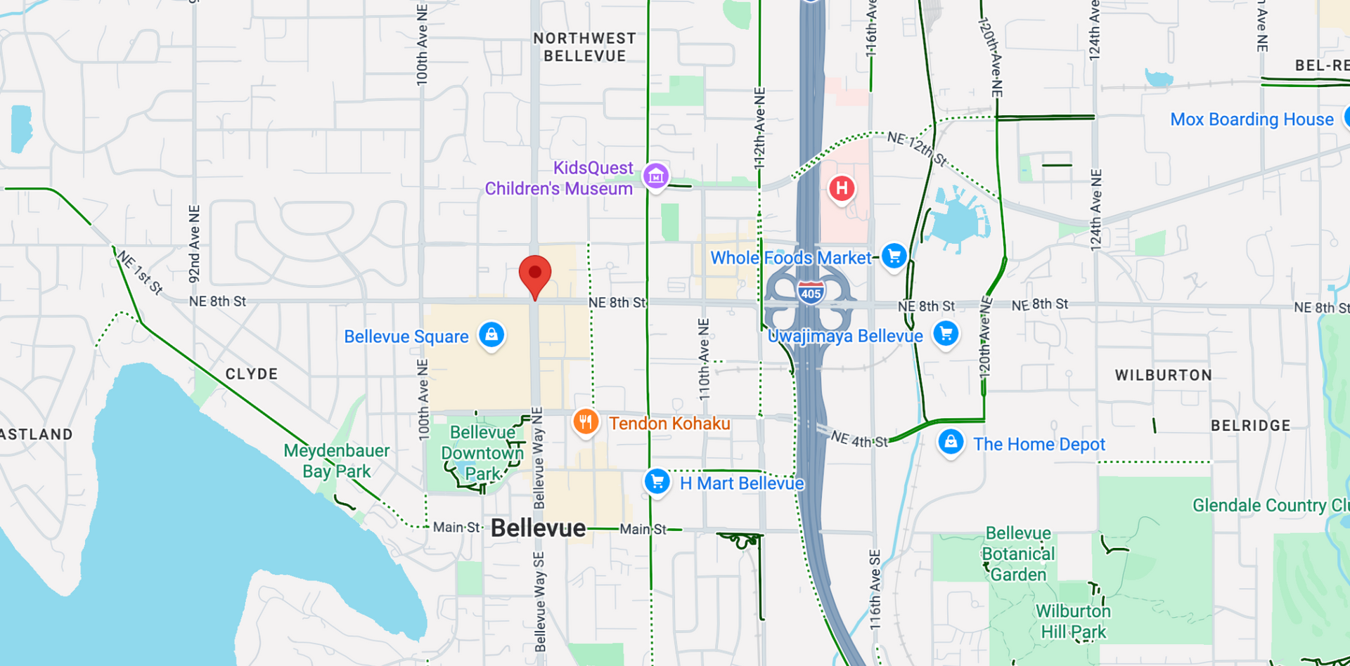 Map of Bellevue with multiple blue route lines and several red location pins.