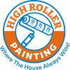 Blue and orange High Roller Painting logo with a paint roller and the tagline 