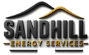 Sandhill Energy Services logo with black and gold roofline over bold text