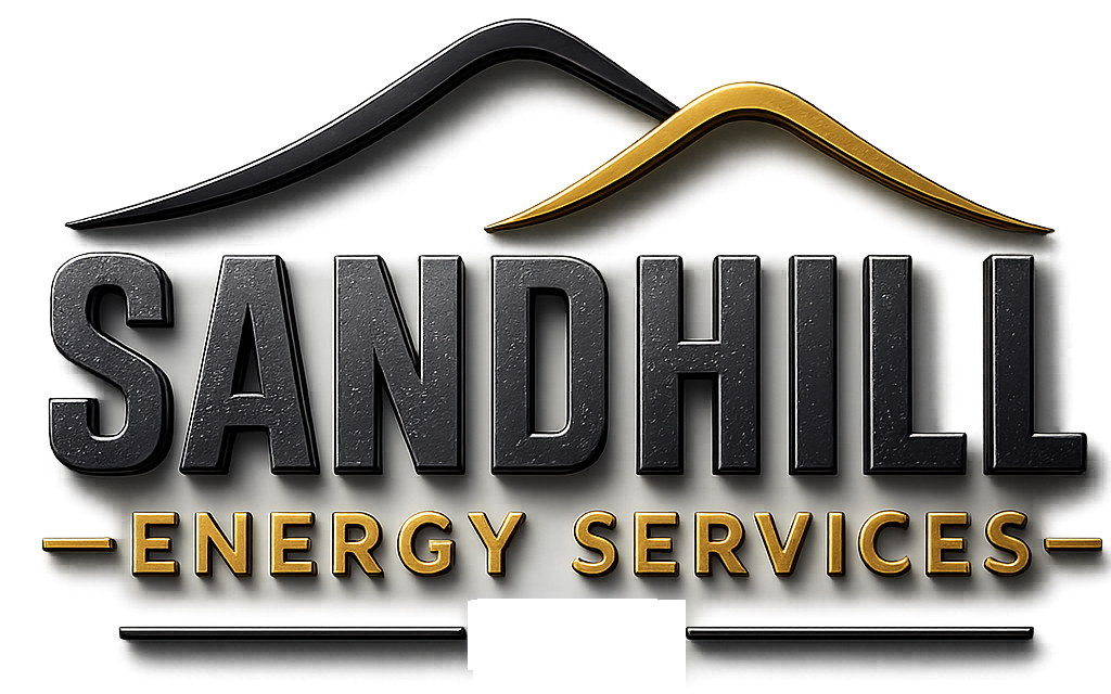 Sandhill Energy Services logo with black and gold roofline over bold text