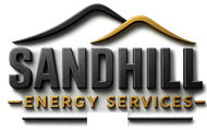 Sandhill Energy Services logo with black and gold roofline over bold text