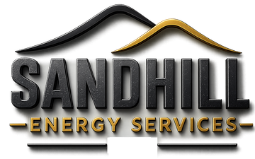 Sandhill Energy Services logo with black and gold roofline over bold text