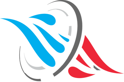 A stylized logo featuring abstract blue and red shapes flowing around a circular gray arc on a white background.