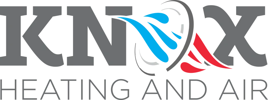 Logo for Knox Heating and Air, featuring gray text with a blue and red swirling graphic replacing the letter O.