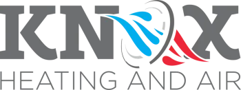 Logo for Knox Heating and Air, featuring gray text with a blue and red swirling graphic replacing the letter O.