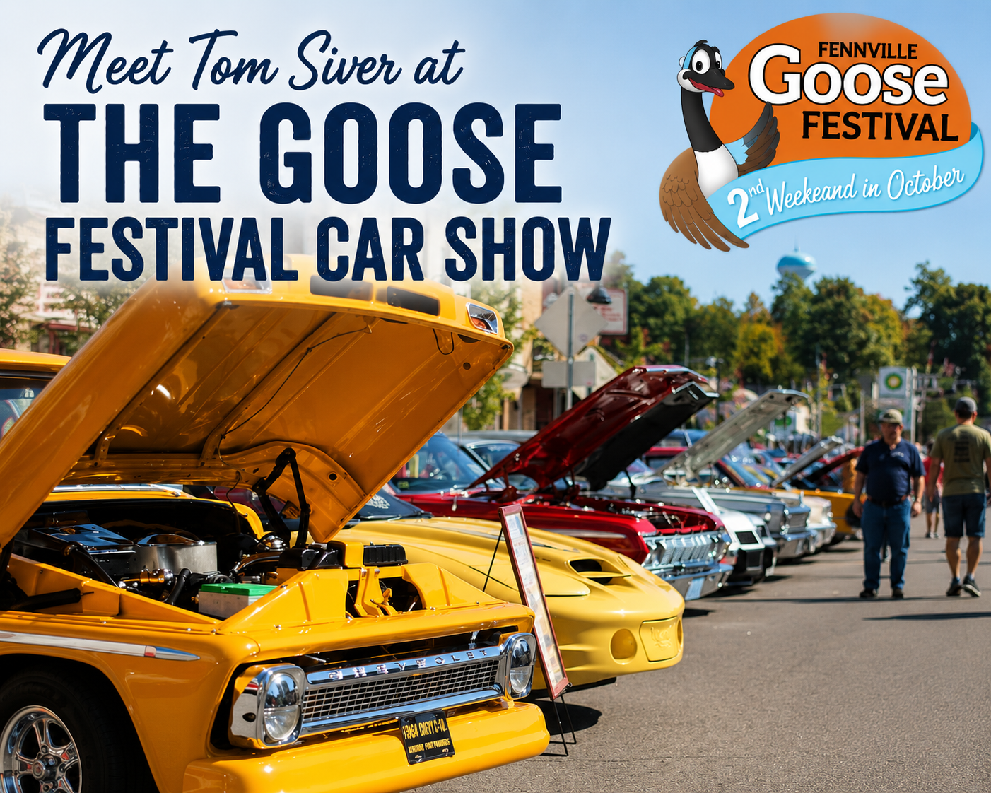 Classic yellow and red cars at The Goose Festival car show with open hoods and attendees walking by