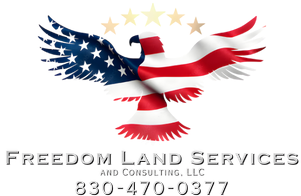 American flag eagle logo for Freedom Land Services, with phone number.