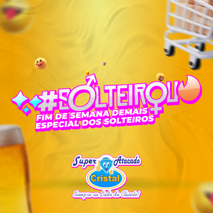 Um anúncio promocional amarelo vibrante para o Super Atacado Cristal, apresentando emojis, um carrinho de compras e a marca 