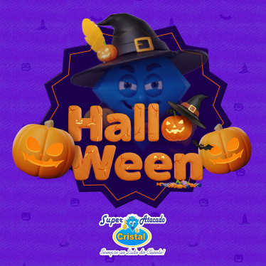 Promoção de Halloween com um mascote azul usando um chapéu de bruxa, abóboras esculpidas e o logotipo do Super Atacado Cristal.