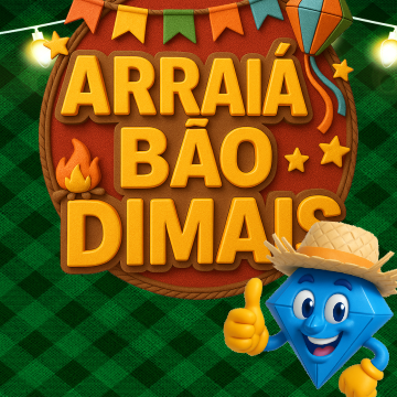 Um personagem azul em forma de diamante, usando um chapéu de palha, faz um sinal de positivo diante de uma placa com os dizeres 