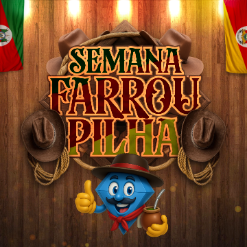 Um personagem azul em forma de diamante, usando chapéu de caubói e lenço no pescoço, faz um sinal de positivo com o polegar, acompanhado de um texto que celebra a Semana Farroupilha.