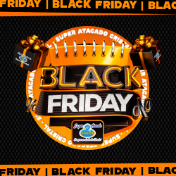 Arte promocional da Black Friday com design em dourado e preto, apresentando o logotipo do Super Atacado Cristal e caixas de presente.