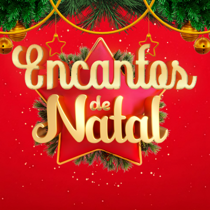 Um fundo natalino vermelho com ramos de pinheiro pendurados e sinos apresenta uma estrela dourada e o texto 