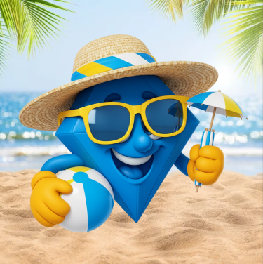 Um alegre personagem azul em forma de diamante, usando óculos de sol e um chapéu de palha, segura uma bola de praia e um guarda-sol em uma praia ensolarada.