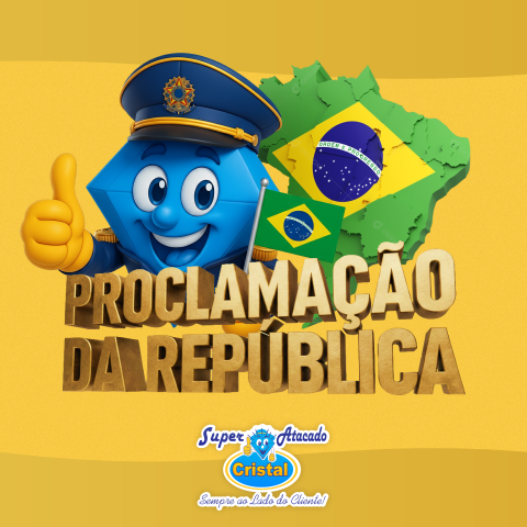 Um mascote azul de boné faz um sinal de positivo ao lado de um mapa com a bandeira do Brasil e a inscrição 