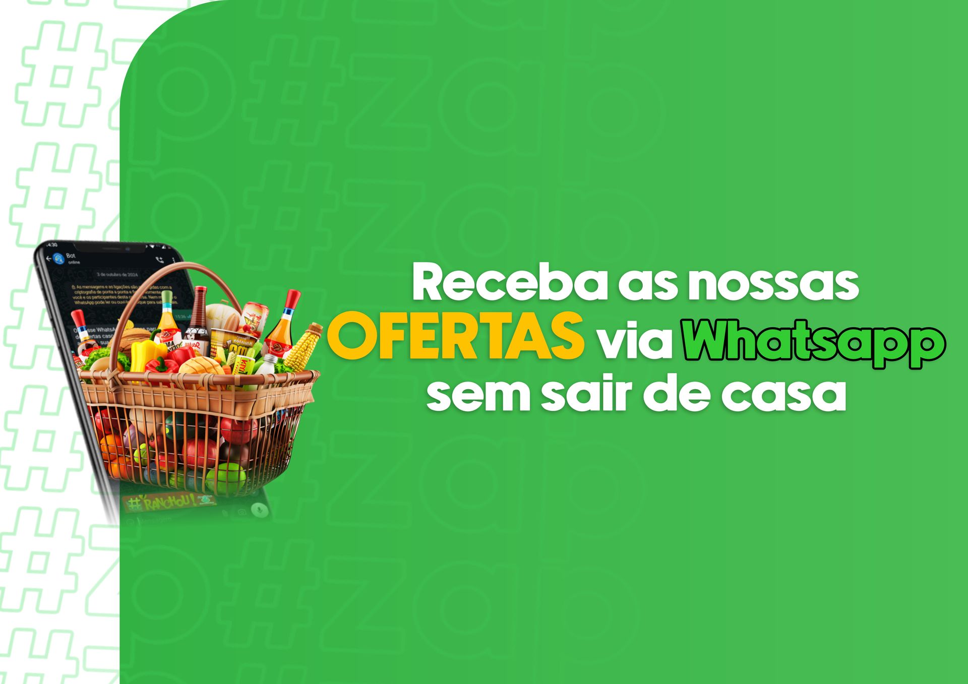 Uma faixa verde com uma cesta de compras em um celular e o texto: