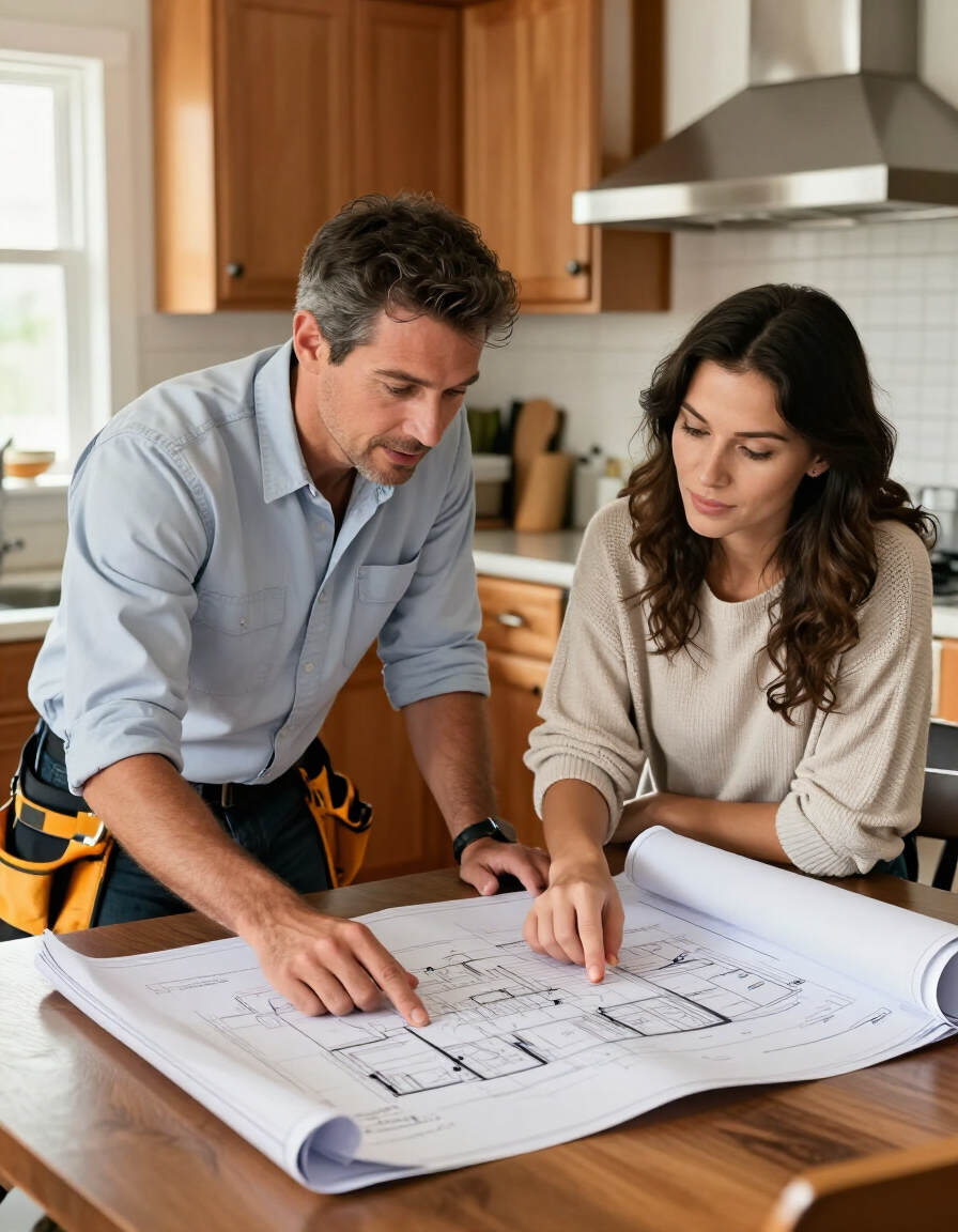 Contractor reviewing project plans with a homeowner