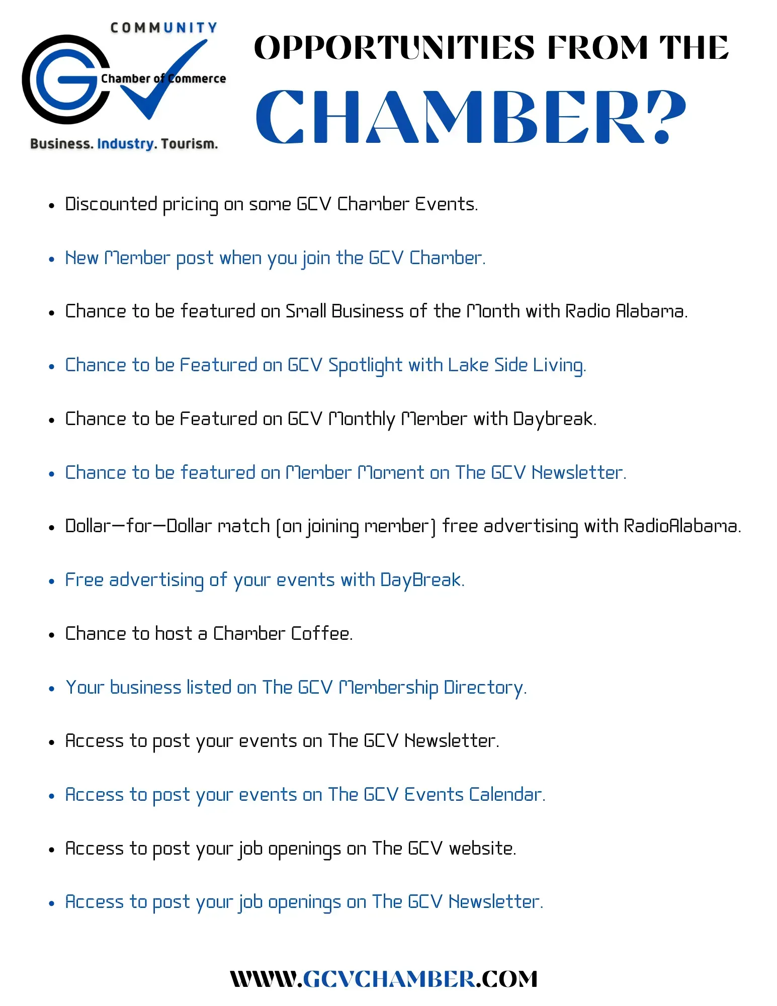 Flyer promoting opportunities from the Chamber, featuring a logo, blue text, and a list of benefits.